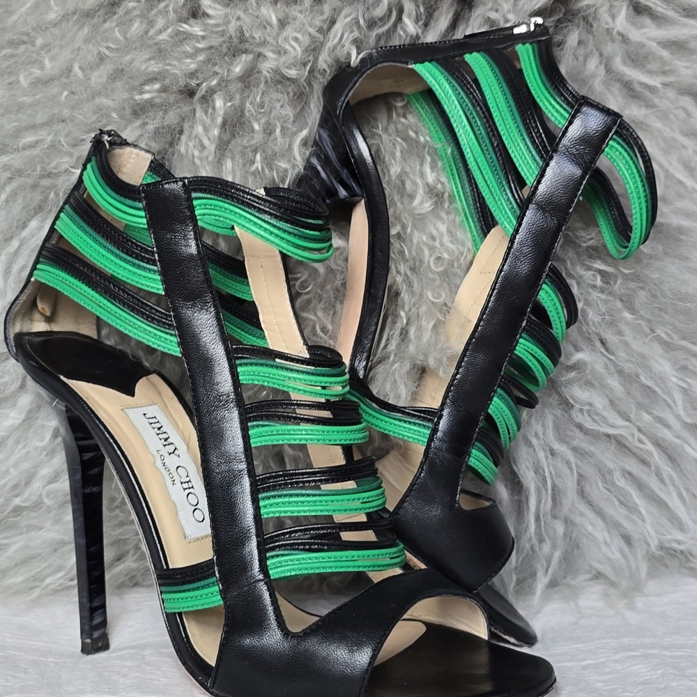 Jimmy Choo Black/Green Leather Corsica Ankle Strap Sandals Size 37.5